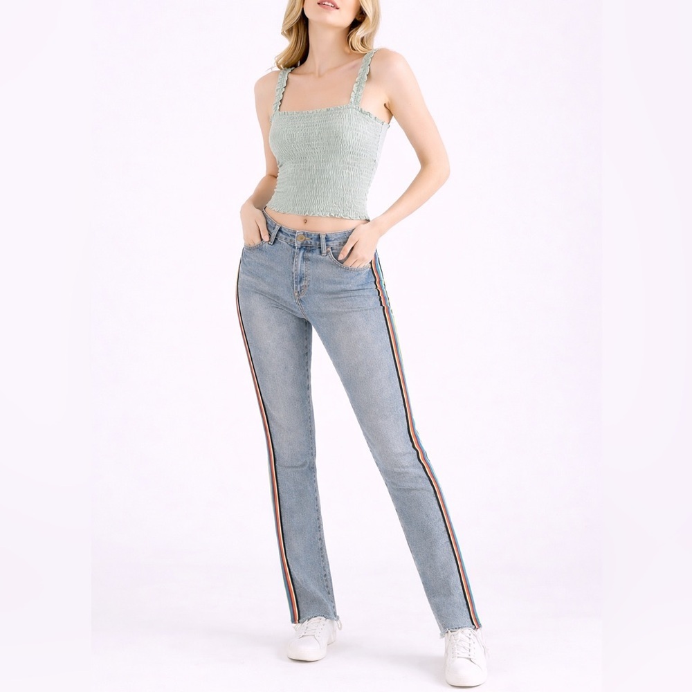 Express Light Blue Straight Leg Jeans with Multicolor Stripe